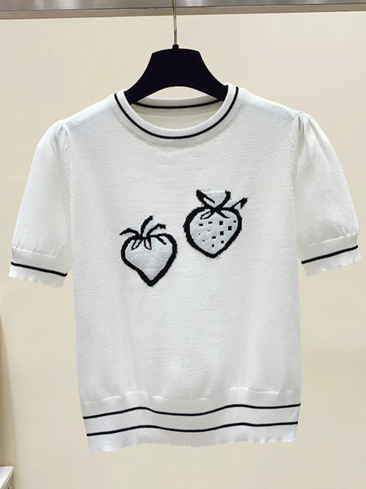 

Women Short Sleeve Pullover Knit Sweater Summer New Korean Fashion Strawberry Jacquard Knitting Jumper Knitwear