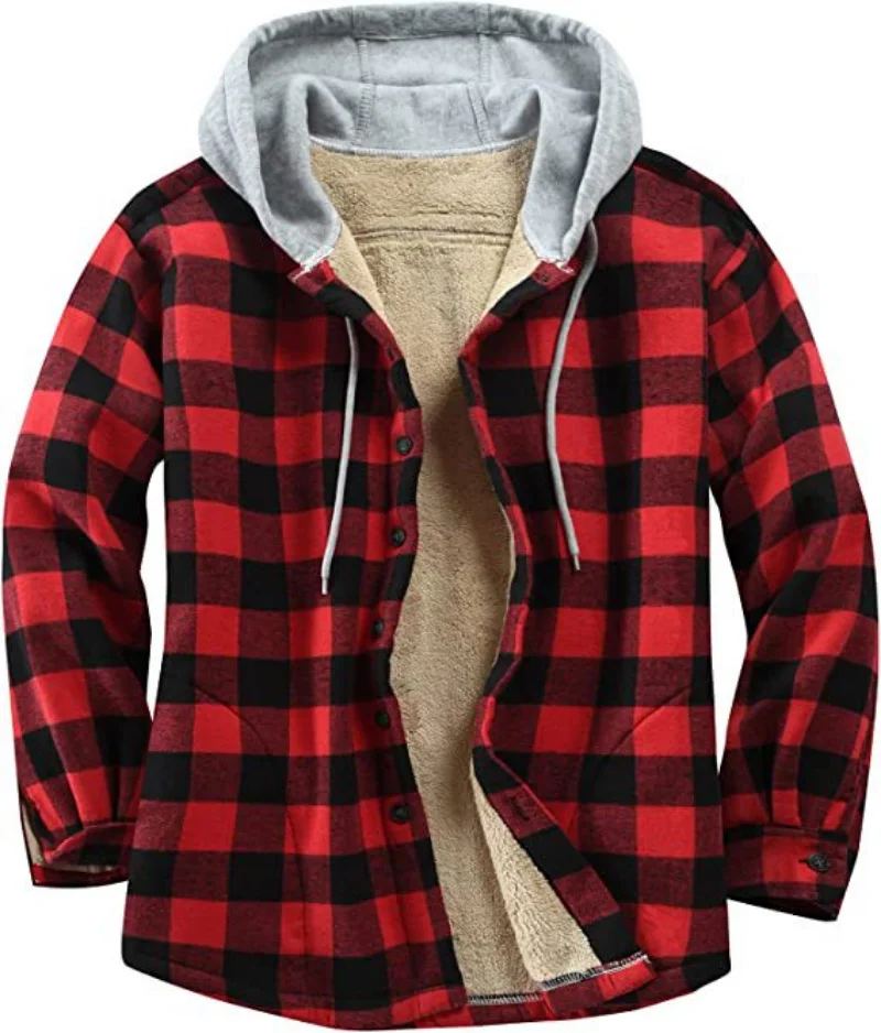 Winter 2023 Casual Men's Patchwork Shirt Thick Flannel Plaid Long-sleeved Hooded Outdoor Jacket Loose Work Clothes
