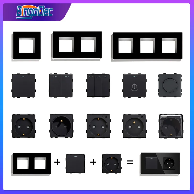 

Bingoelec EU Standard Push Button Switch Function Part Glass Frame Power Socket TV Internet Rj45 network Light Switch DIY Parts