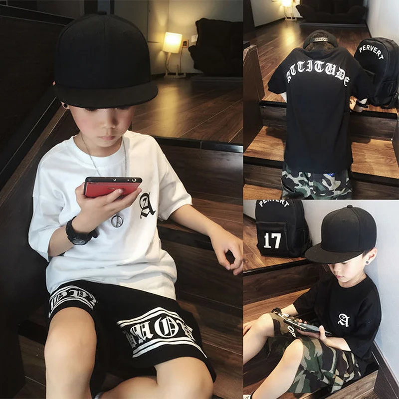 

Fashion brand children's wear men's and women's children's hip hop off shoulder hip-hop clothing casual Sanskrit letter printing