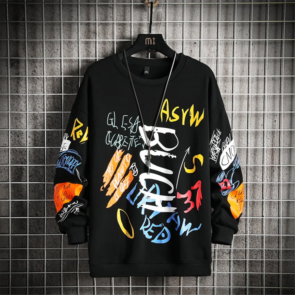 

Mens Sweatshirt New Casual 2022 Spring Graffiti Oversized Japanese Hip Hop Streetwear Men Loose Sweatshirts Pullover Top