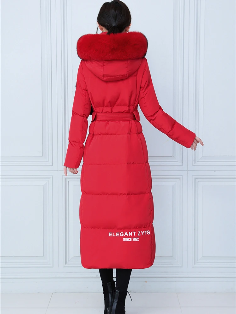 New Women Winter Long Thicken Warm Down Coat Casual Fashion Two-Colour Detachable Real Fox Fur Collar Belt Slim Down Jacket