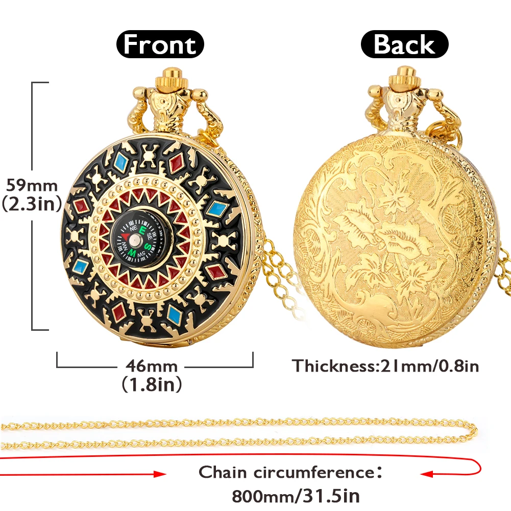 Pocket Watch Gold Geometric Pattern Compass Design Fashion Luxury Quartz Pocket Watch Pendant Necklace Gift Reloj De Bolsillo