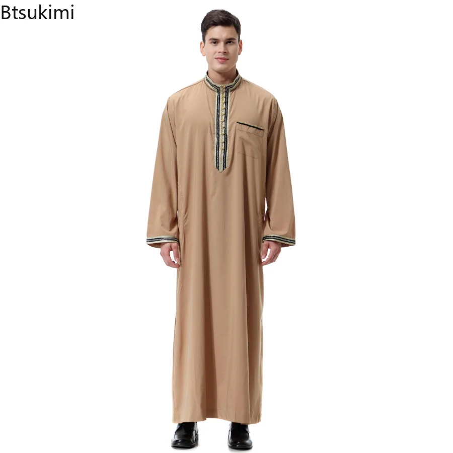 Muslim Men O-Neck Arabic Abaya Islamic Clothing Dubai Kaftan Long Sleeves Adult Jubba Thobe Pakistan Men Clothing Prayer Clothes