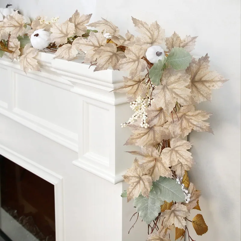 

Autumn Maples Leaf Pumpkin Berry Garland Fall Mantle Fireplace Thanksgiving Halloween Farmhouse Harvest Decoration for Home