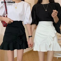 spring summer 2022 new ruffled black white skirt mini korea fashion joker waist slim korean a line skirts womens alt clothes