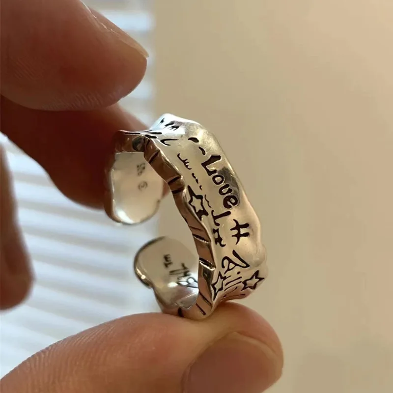 

925 Silver Color Retro Letters Lines Ring For Women Fine Jewelry Finger Adjustable Open Vintage Party Birthday Gift