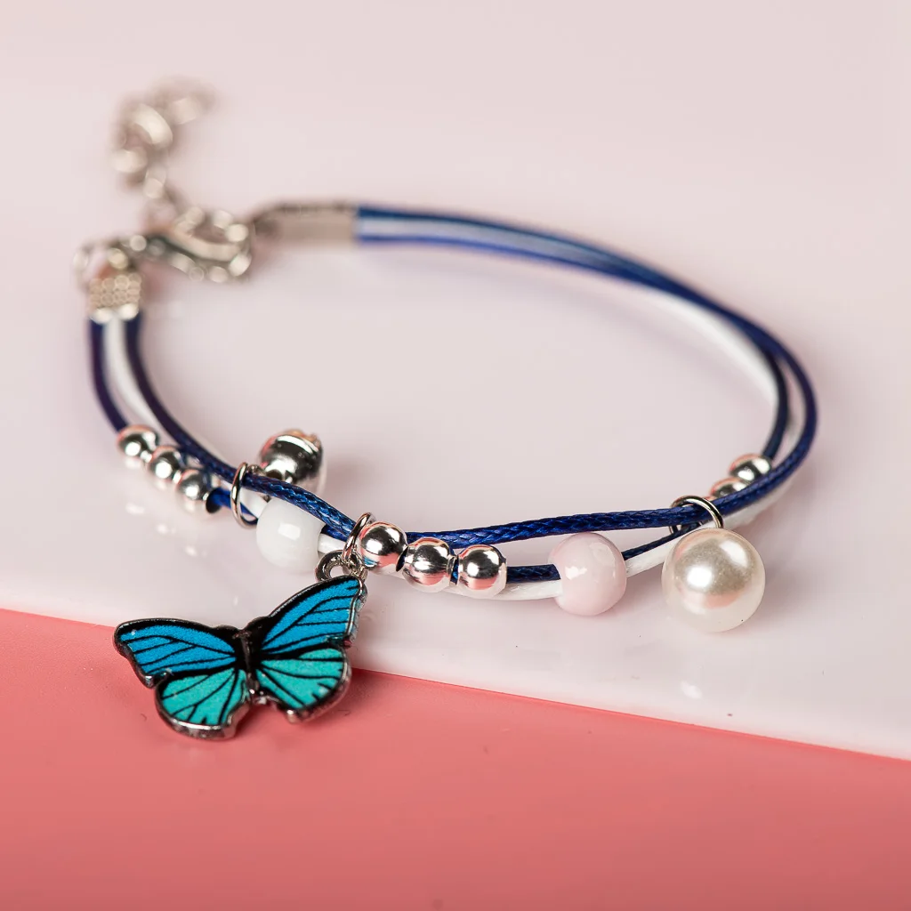 

Cute Metal Drop Glaze Pendant Bracelet Hand Woven Charm Gift Fashion Retro Temperament Butterfly Pearl Bracelet Wholesale