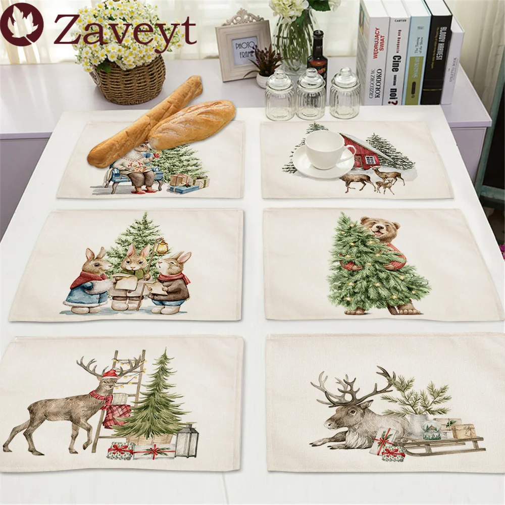 

2023 Christmas Tree Cute Animal Decorations Placemat Linen Dining Table Mats Coaster Pad Bowl Coffee Cup Mat Tablecloth 42x32CM