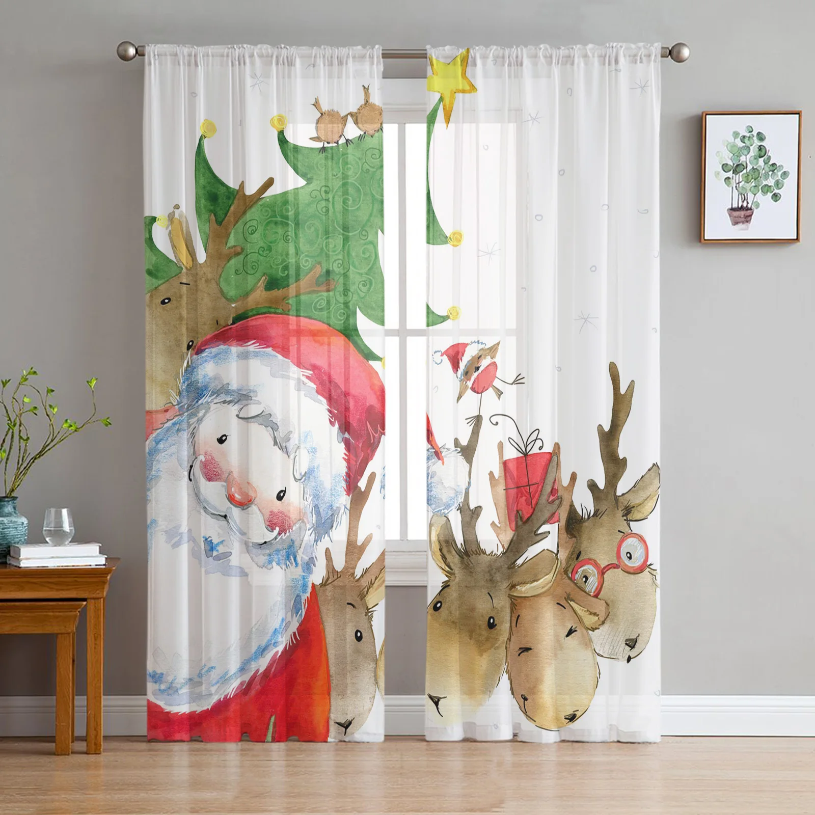 

Christmas Elk Festival Tulle Window Curtain for Livingroom Printed Sheer Curtain Home Decor Window Panels Chiffon Drapes