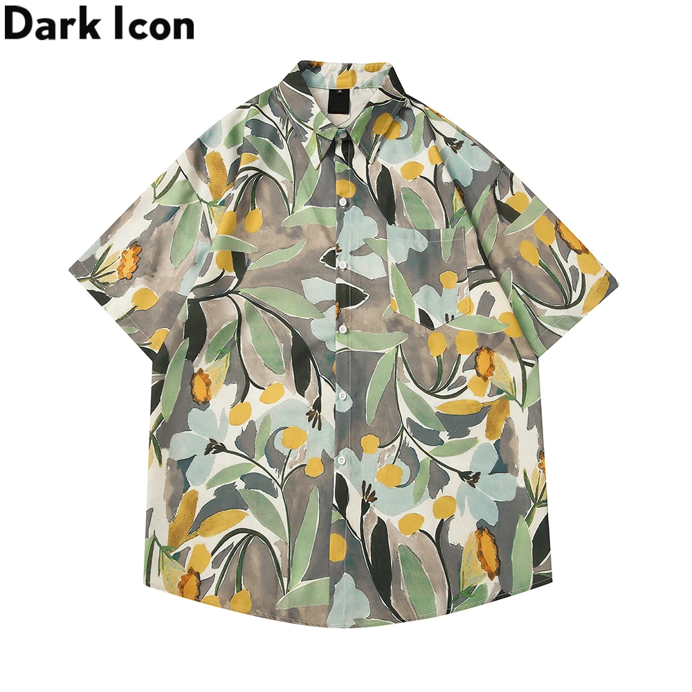 

Dark Icon Floral Full Printed Front Pocket Men's Hawaiian Shirt Summer Shirts for Man Male Blouse