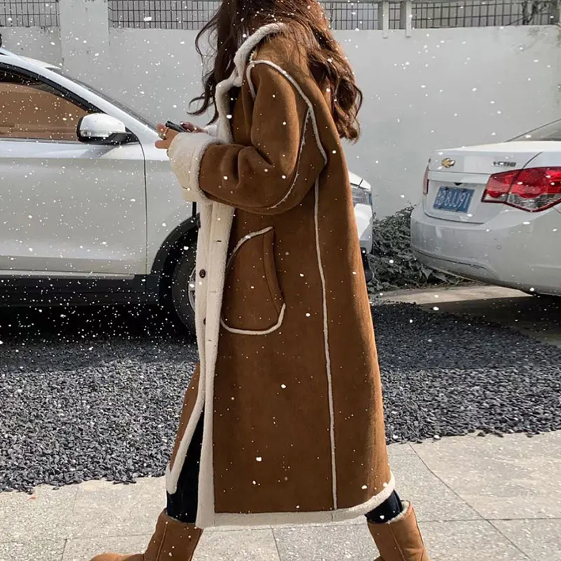 

GUUZYUVIZ Women Fashion Thick Warm Midi-long Coats 2022 Vintage Wear Both Sides Turn-down Collar Overcoats Female