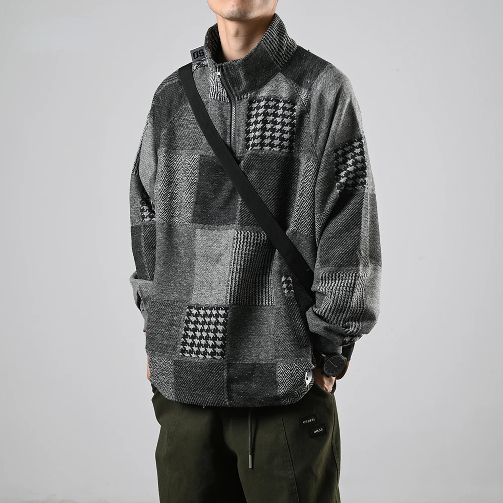 Streetwear Retro Plaid Half Zip Pullover Harajuku Loose Casual Coats Men Clothing Fashion High Quality Jacket Tops