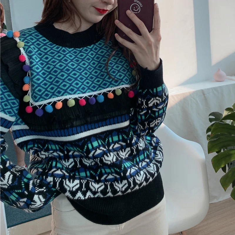 

2021 Women's Sweater Autumn and Winter Retro Wood Ears Color Matching Printing Loose Knit Pullover Sweater Women Fashion Garland