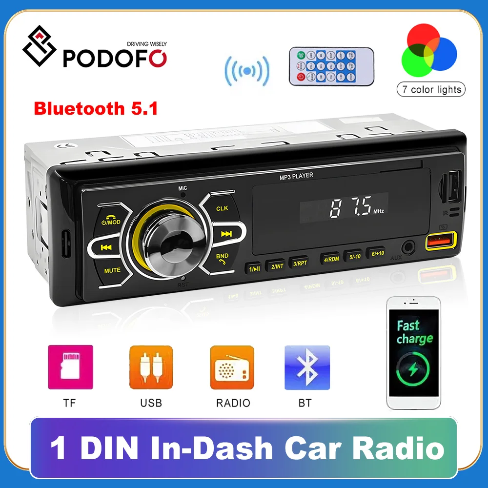 

Podofo 1 din автомобильный Радио Стерео FM Aux вход приемник SD USB 12V In-dash 1DIN Автомобильный MP3 USB Мультимедийный Авторадио плеер