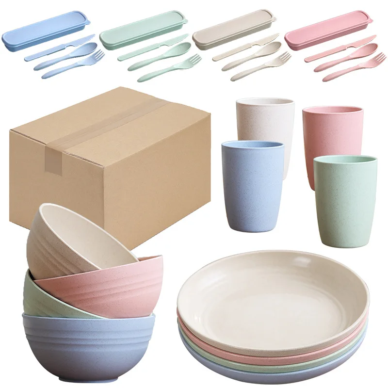

28pcs/Set Wheat Straw Nature Material Tableware Household Tray Anti-drop Bowls Plate Forks Cups Spoons Chopsticks Kit Dinner Set