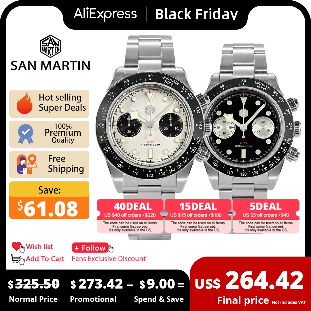San Martin Men Sports Watch 40mm Panda BB Chronograph Retro Luxury Seagull ST1901 Manual Mechanical Sapphire 10Bar Luminous