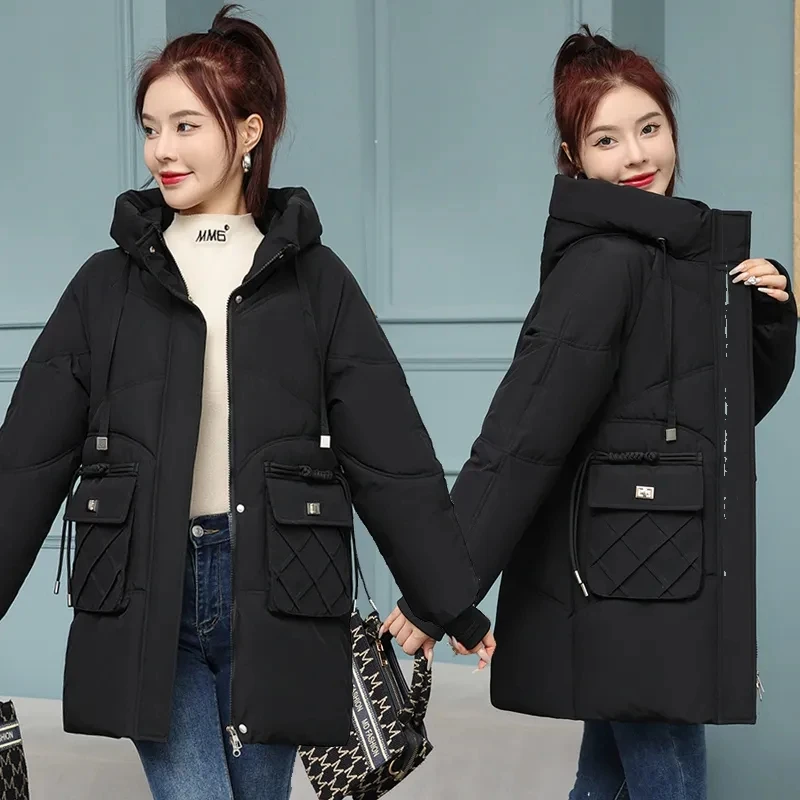 

Down Cotton Jacket Women Autumn Winter 2023 New Large Size Hooded Long Cotton Coat Fashion Leisure Loose Thicke Parkas Womens