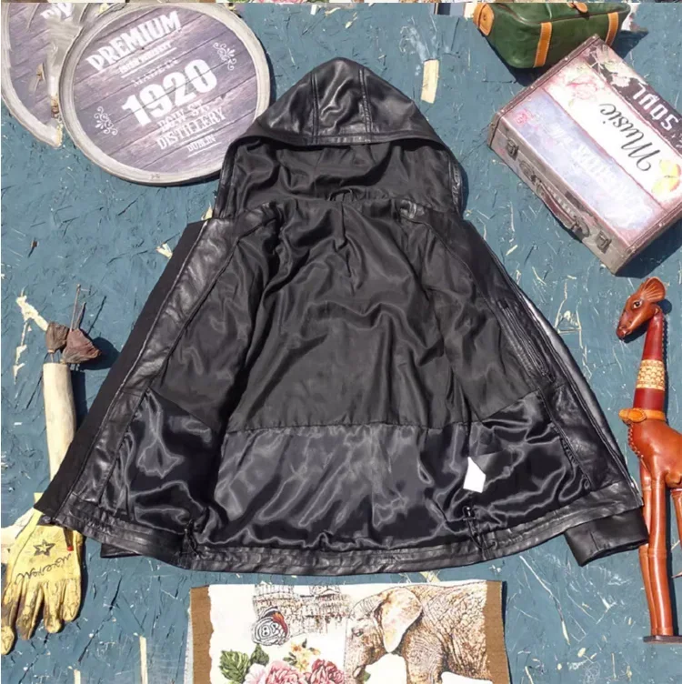 Мужская повседневная одежда из натуральной кожи с капюшоном большие размеры