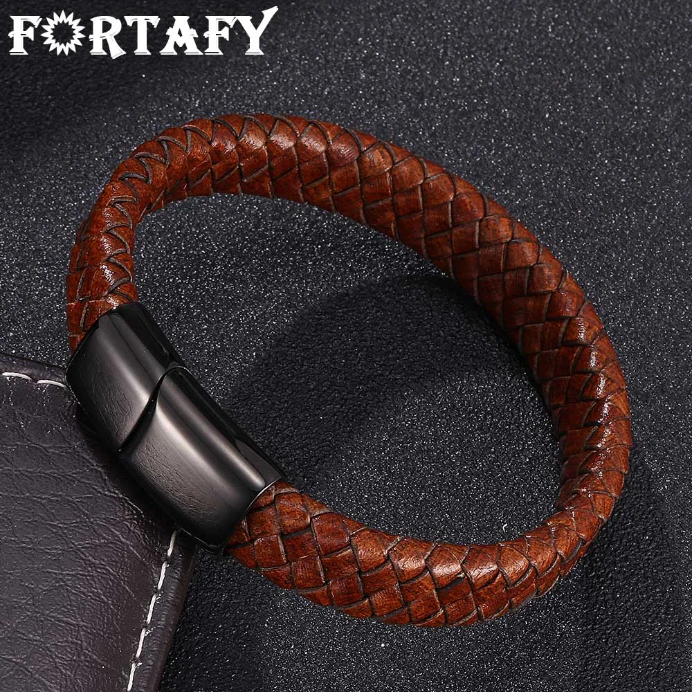 

FORTAFY Male Bracelet Brown Braided Leather Rope Bracelet Men Jewelry Stainless Steel Magnetic Clasp Punk Man Bracelete FR0020
