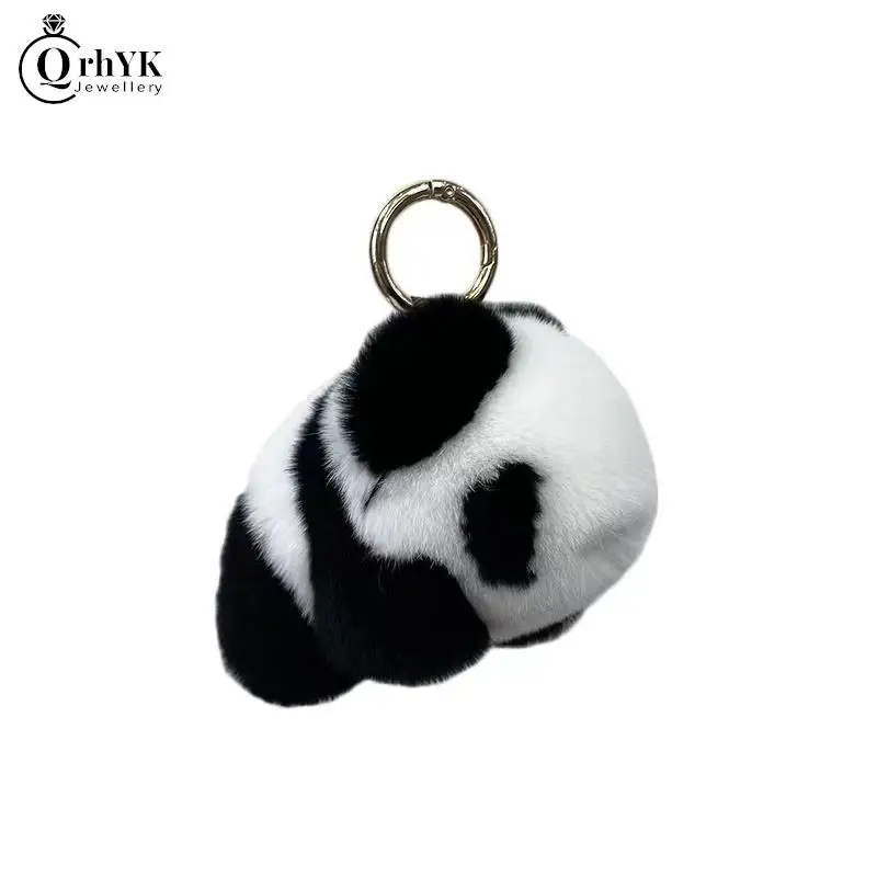 

Cute Cartoon Panda Car Keychain Natural Rex Rabbit Fur Keychains Keyring Bag Pendant DIY Crafts Jewelry Making