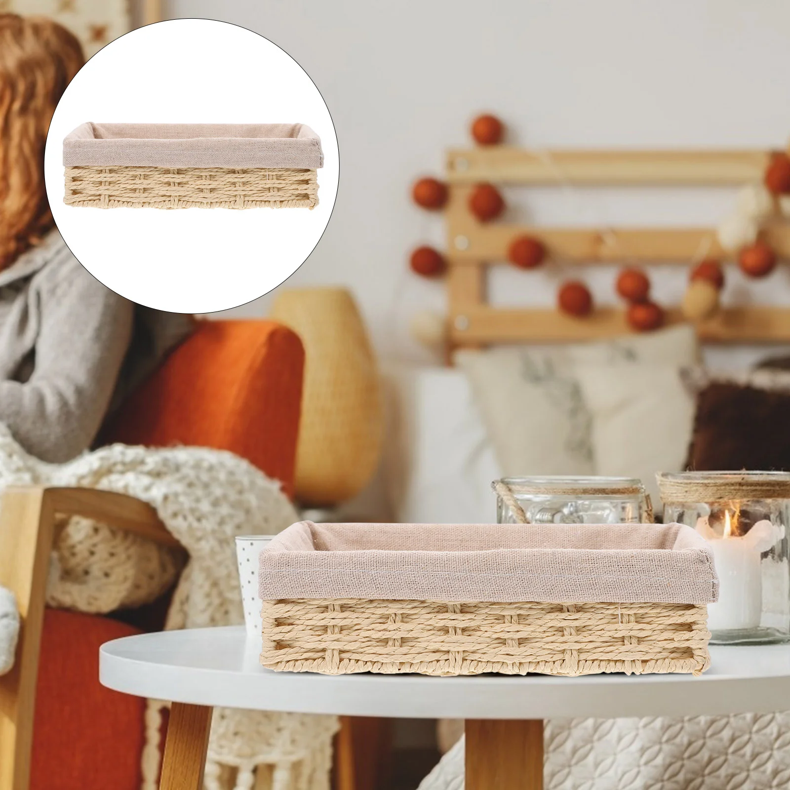 

Storage Basket Bins Woven Wicker Baskets Toilet Organizer Tank Container Lined Desktop Key Decor Cabinet Box Serving Seagrass