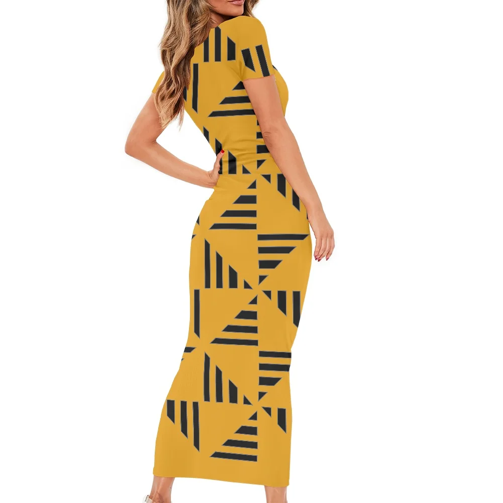 

2022 Women Dresses Stripe Printing Sexy Female yellow Clothing Dress Round Neck Short Sleeves Girl Beach Casual Dress