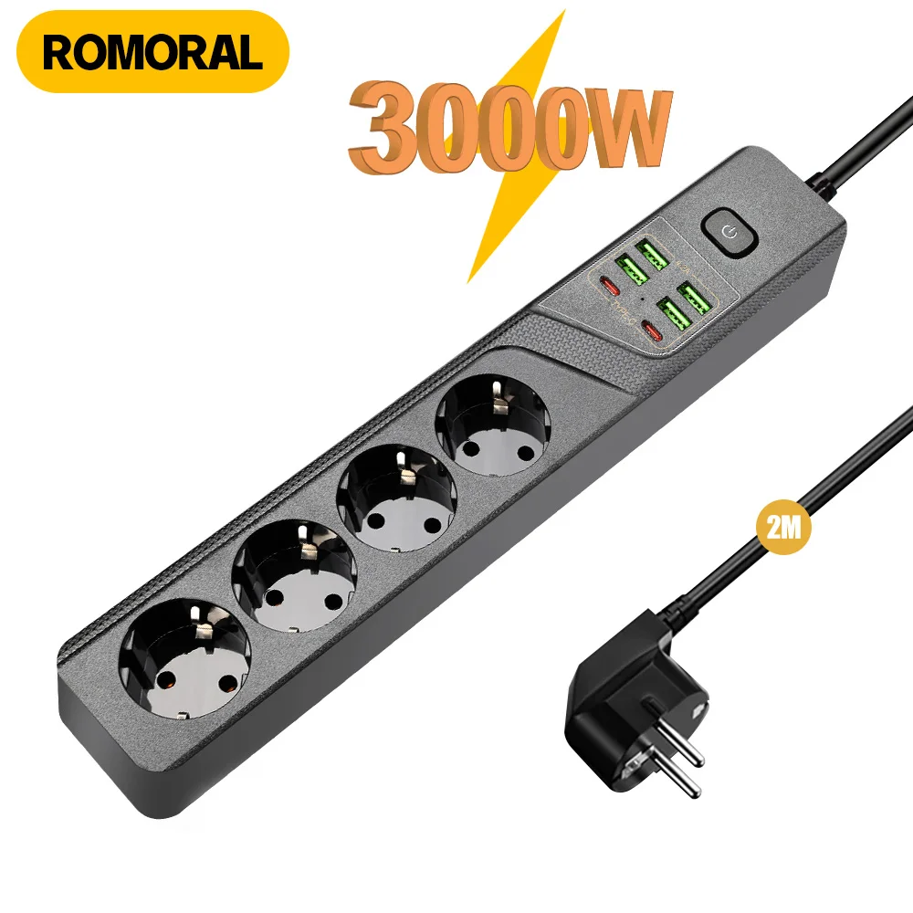 

Удлинитель с европейской вилкой, 4 розетки переменного тока, 4 USB, 2 порта типа C, 2 м