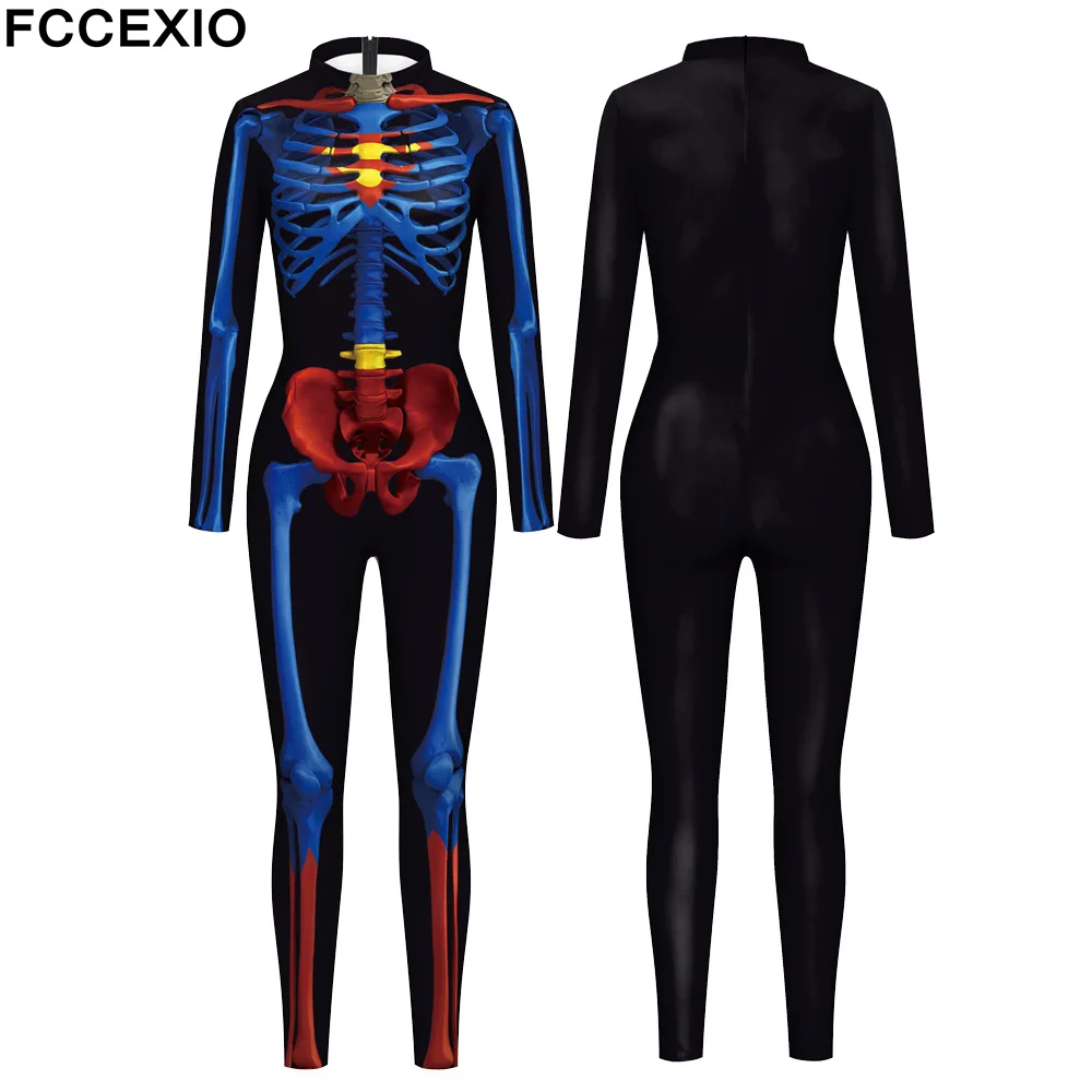 

FCCEXIO Hero Bones 3D Print Skeleton Cosplay Costume Women Men Sexy Jumpsuit Bodysuit Adult Carnival Party Halloween monos mujer