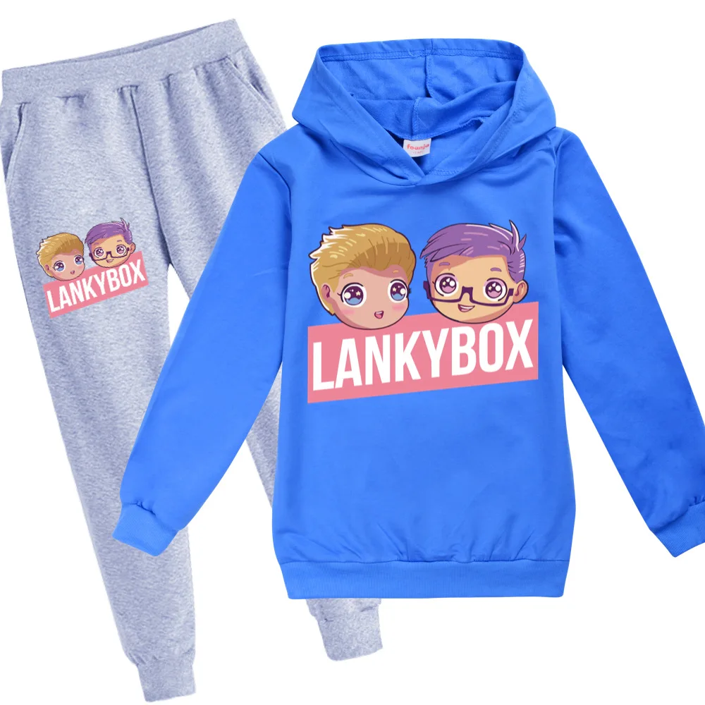 2023 New Cartoon Lankybox Hoodie Set Children's Anime Pullover Sweatshirt Coat + Trousers 2-piece Set Boys Baby Girls Clothes