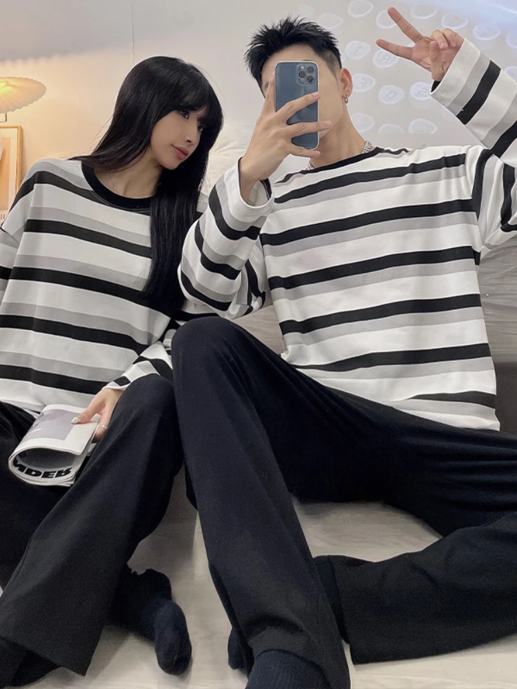 1 2023 Long-sleeved cotton lovers pajamas 2 woolly nightdress pajamas stripe leisure wear trousers recreational men's family