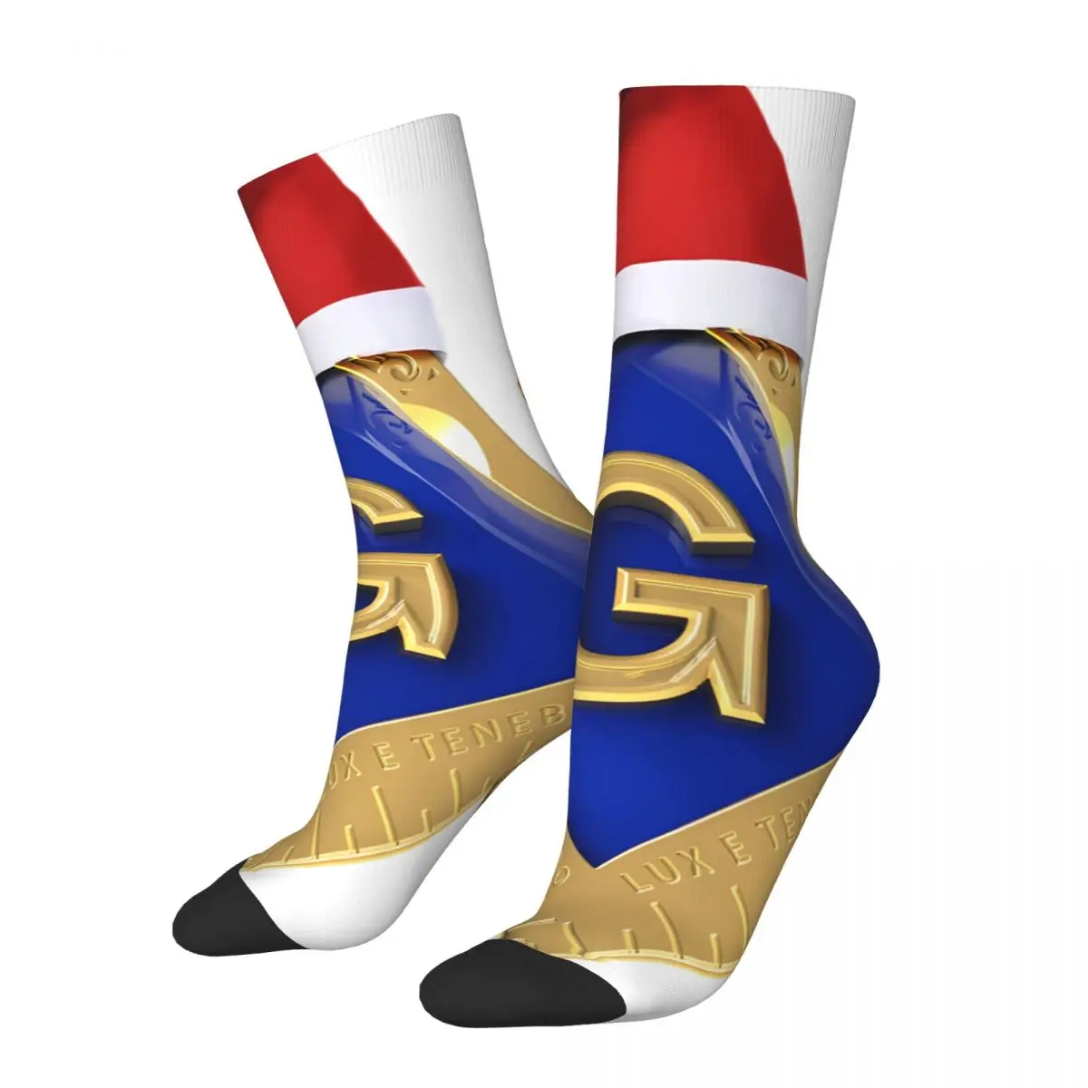

Funny Men's Socks Santa Hat Vintage Freemason Gold Square Compass Hip Hop Seamless Crew Sock Gift Pattern Printed