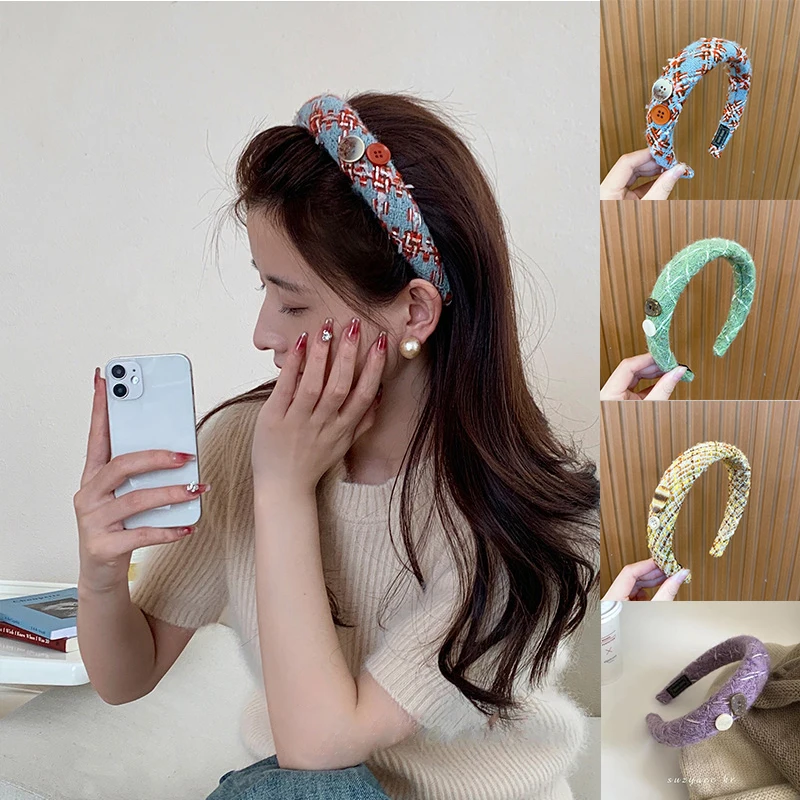 

Knitted Woolen Hair Hoop Winter Headband Women Padded Thick Head Hoop Wide Side Sponge Plush Hairbands Vintage Hair Accessories