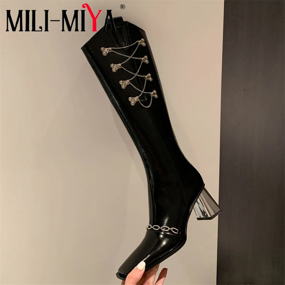 

Женские сапоги до колена с квадратным носком, из коровьей кожи