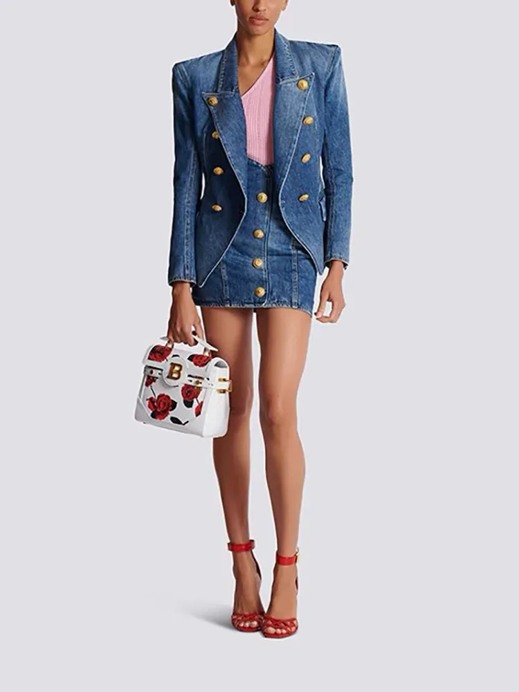 Куртка женская с длинным рукавом двубортная джинсовая приталенная вареным