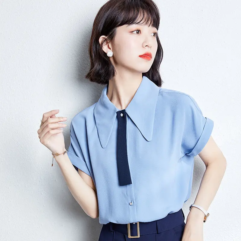 

A GIRLS Shirts Women Summer Short-sleeve Tops Chic Button Ladies Basic Turn-down Collar Solid Simple Office Lady Soft New Ins