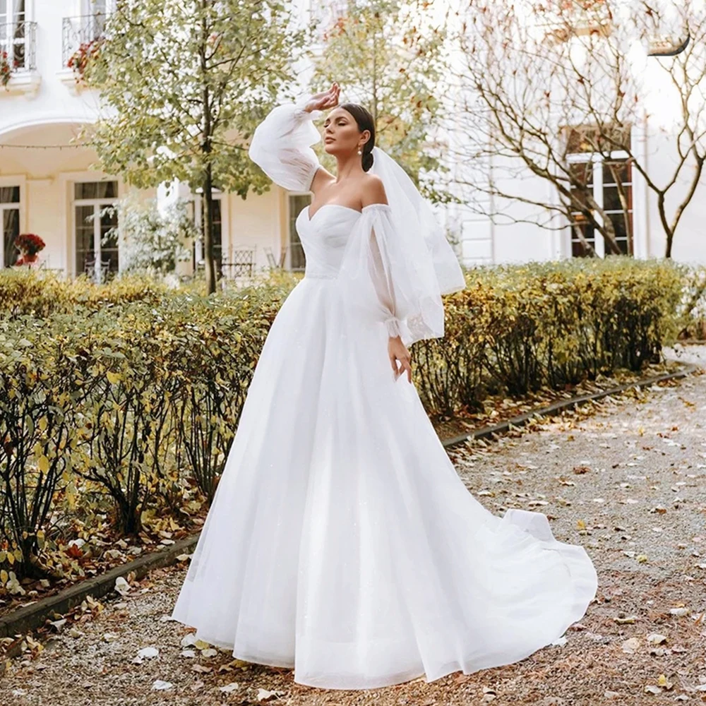 

Простое свадебное платье без бретелек с вырезом сердечком, съемные пышные рукава, открытая спина, свадебное платье с длинным шлейфом, 2022, из...