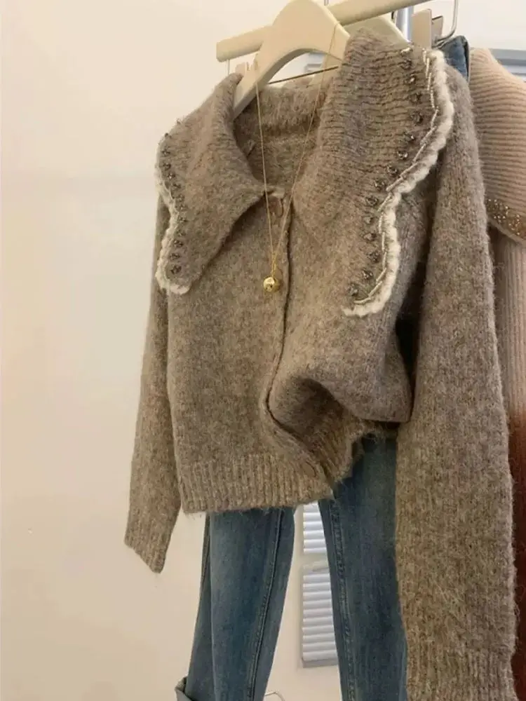 Женский свитер с большим воротником зимняя одежда винтажный вязаный кардиган