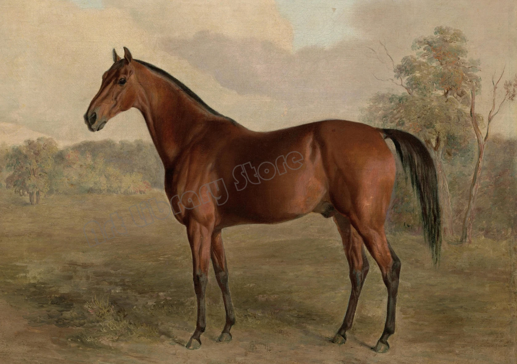 Антикварное конное искусство, рисунок лошади, зимний снежный пейзаж, постер на холсте