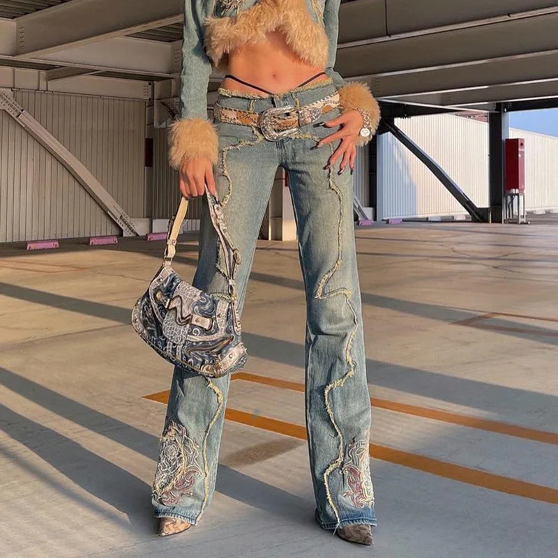 

Y2k Embroidery Low Rise Flare Jeans Woman Streetwear 2000s Hippy Vintage Pants Women Denim Trousers