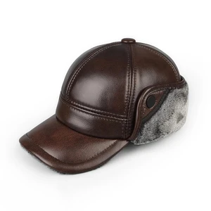 Imported High Quality Genuine Leather Hats Winter First Layer Cowhide Warm Earmuffs Bomber Caps Plus Velvet T