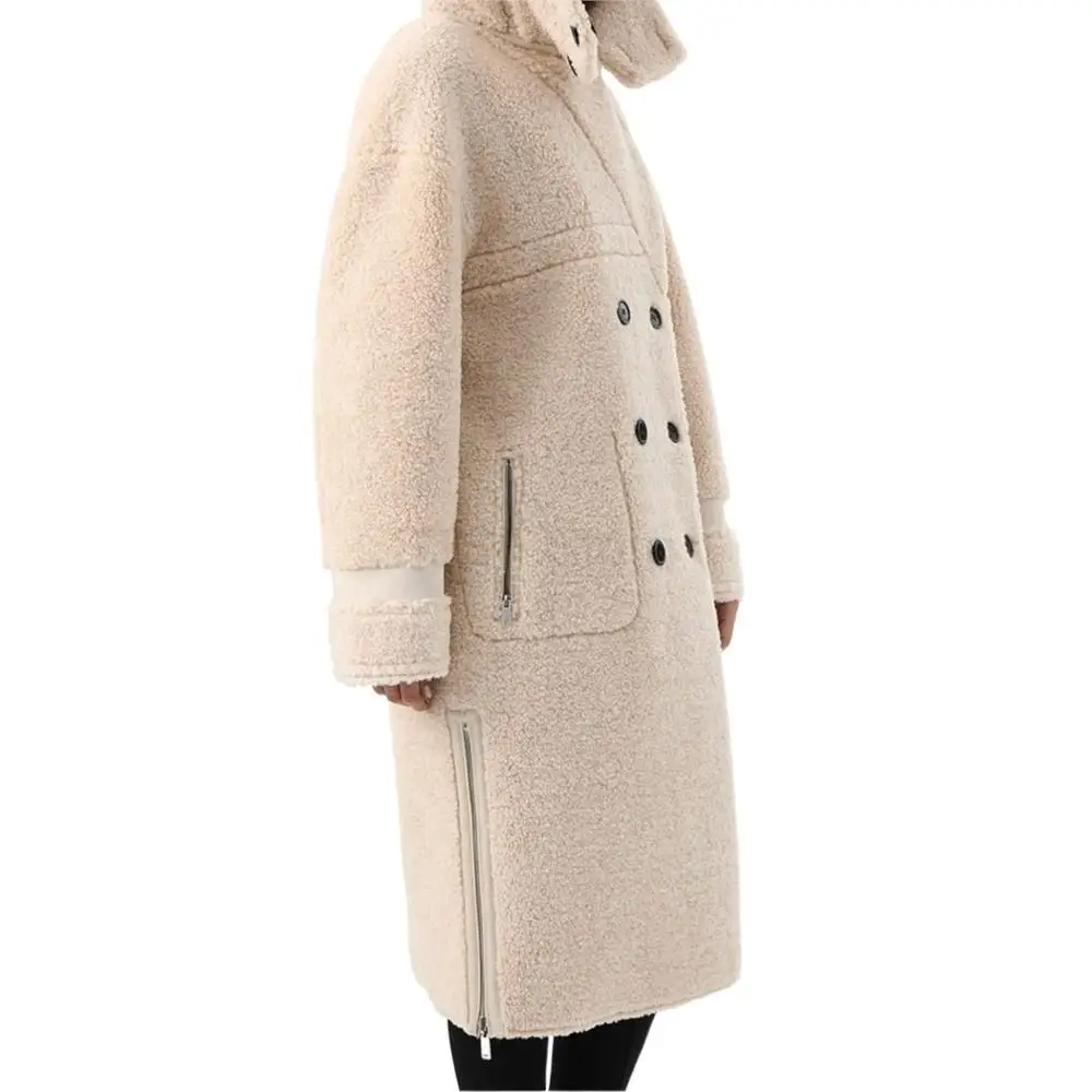 Women Winter Hooded Real Suede Fur Coat Turn Down Collar Double Breasted Long Coat Casual Pocket Women Belted Jacket