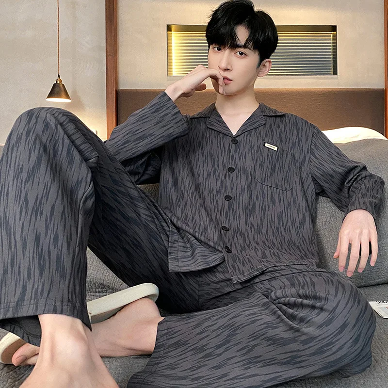 Cotton Pajama Suit Men Cardigan Tops + Trousers Pocket Spring Autumn Long Sleeve Youth Loose House Nightshirt Pant Suit Homewear