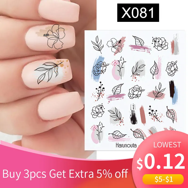 

Переводные наклейки Harunouta с черными линиями, цветочными листьями, наклейки с цветочным рисунком, мраморный узор, слайдер для ногтей, летние ...