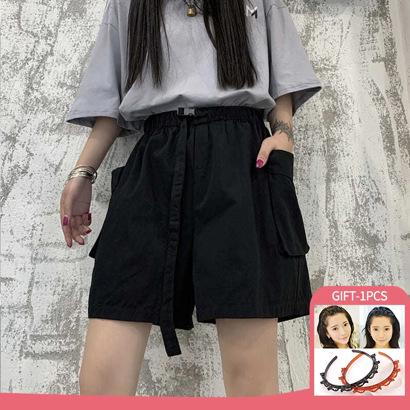 

Summer Women Oversized Workwear Loose Shorts Solid Color Casual Pocket High Waist False Belt Shorts Five Point Tide With Gfts