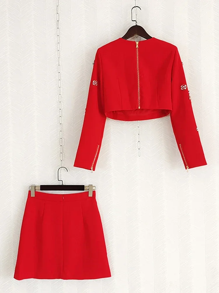 Женский однотонный костюм с юбкой и круглым вырезом короткая куртка длинным