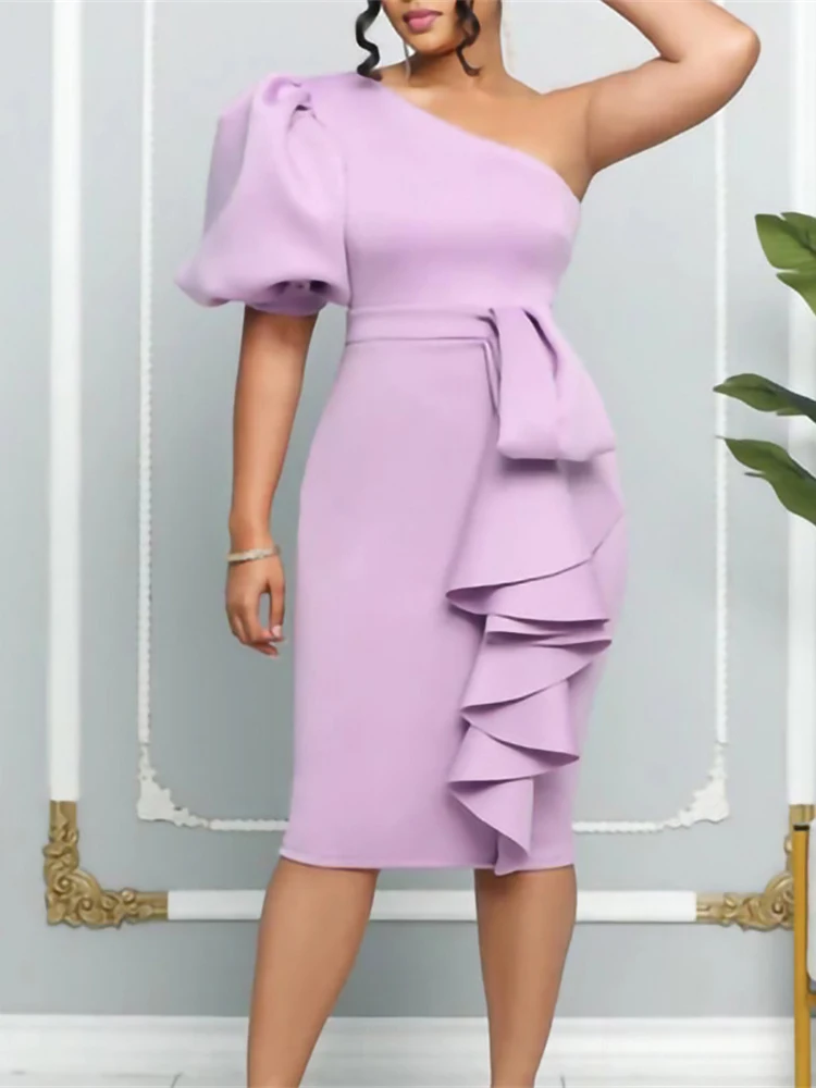 

Elegant Ruffles Patchwork Diagonal Collar Women Party Dress Sexy One Shoulder Bodycon Female Puff Sleeve Vestidos