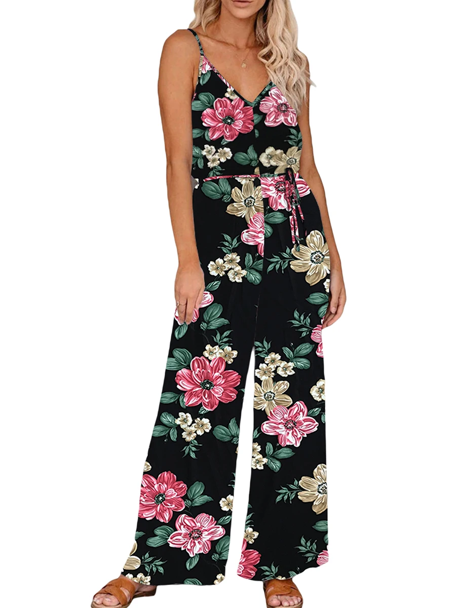 

Women Floral Print Sleeveless Jumpsuit Spaghetti Strap V-Neck Wide Leg Playsuit with Pockets