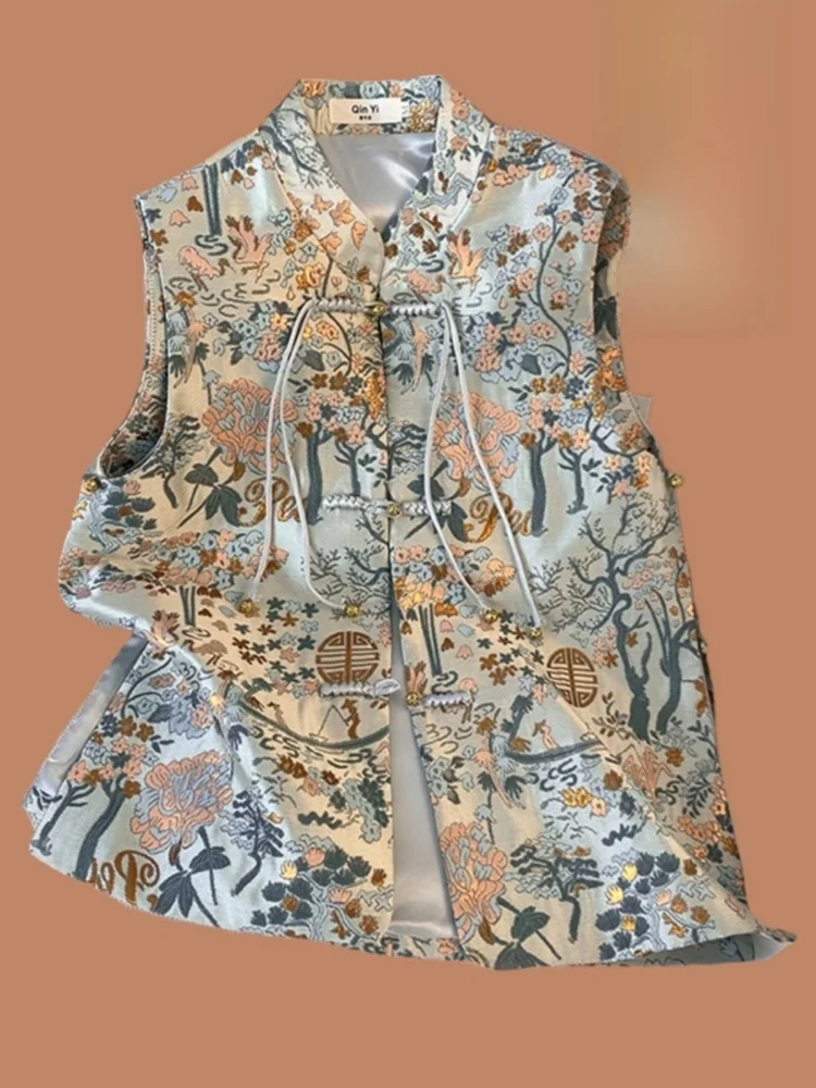 Новый китайский Sle ретро жилет с цветочной пластиной и пряжкой женский