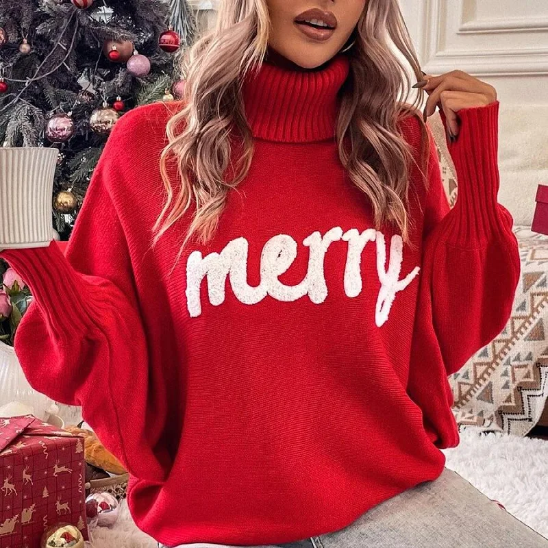 

2023 Knitted Women Turtleneck Sweater Loose Pullover Female Jumper Elegant Winter Autumn New Year Trendy Christmas Sweater